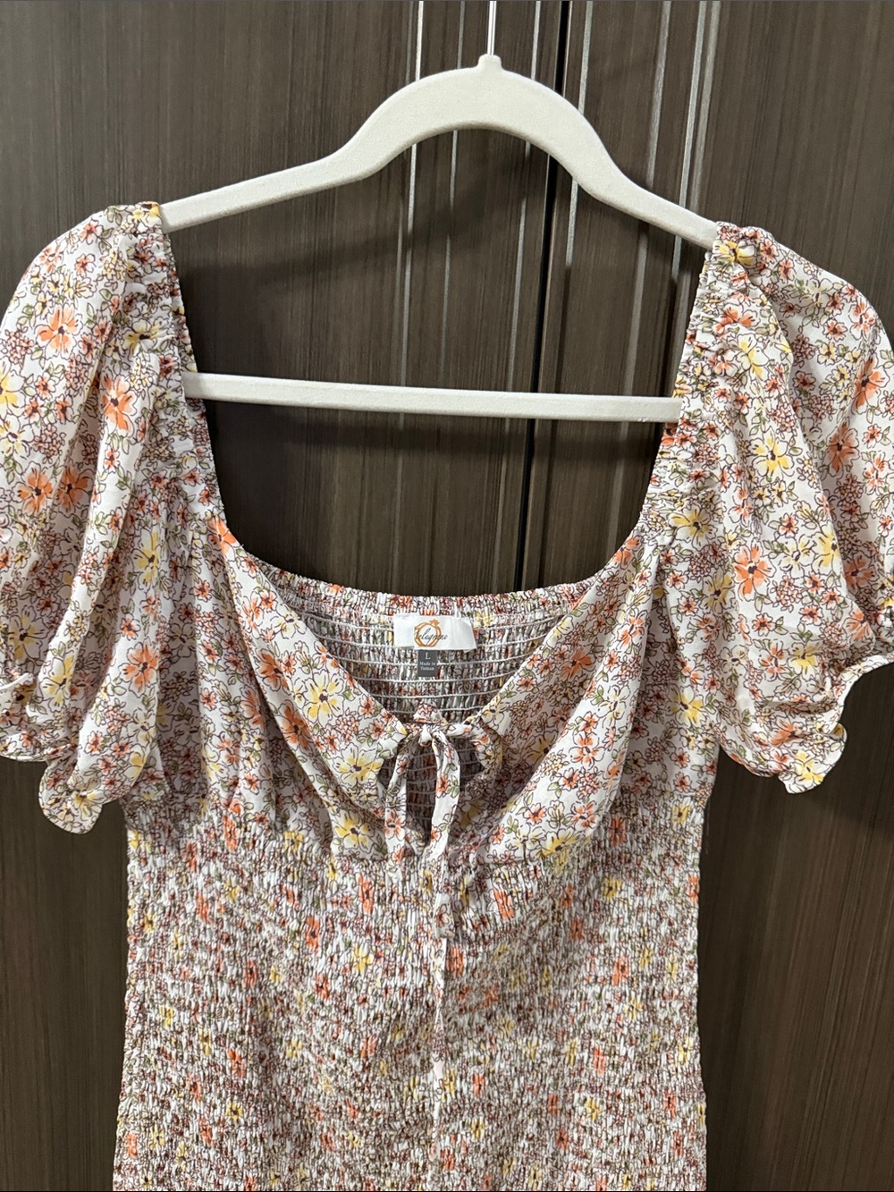 Floral Smocked Midi Dress with Puff Sleeves - Cream/Peach - Picture 4 of 6